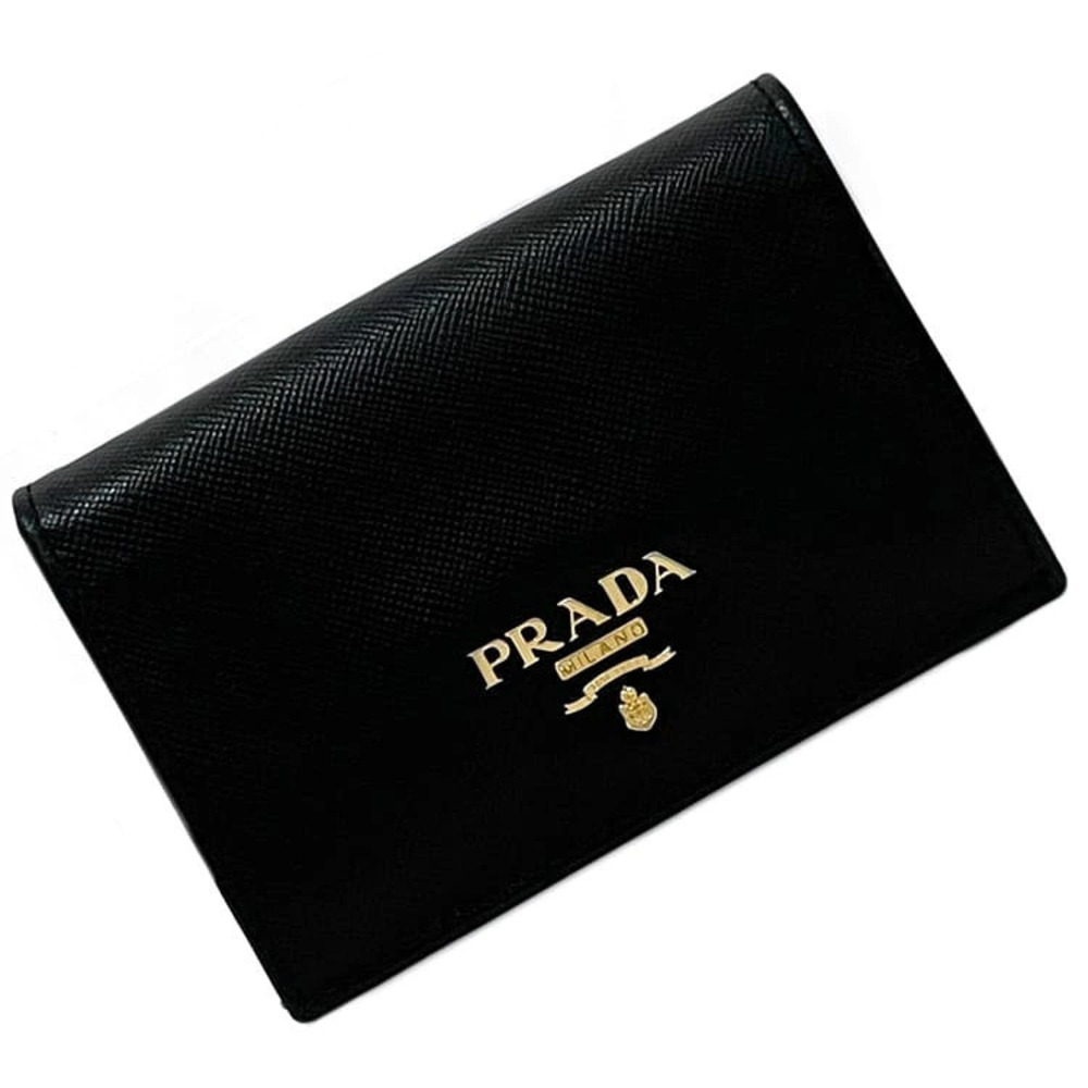 Prada Card Holder Saffiano Leather Gusset Foldable Nero Gold Black